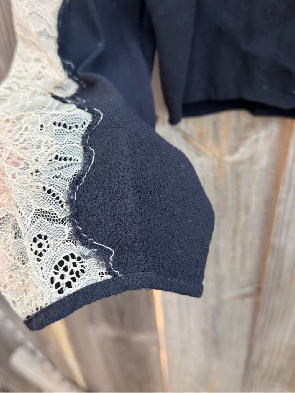 Free People Freya lace arm XS rayon tie neck V-Neck black long sleeve shirt
